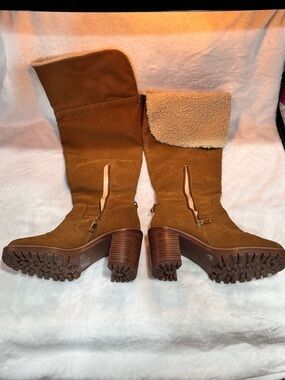 Jennifer Lopez Tan Suede Knee-High Shearling Cuff Heeled Boots